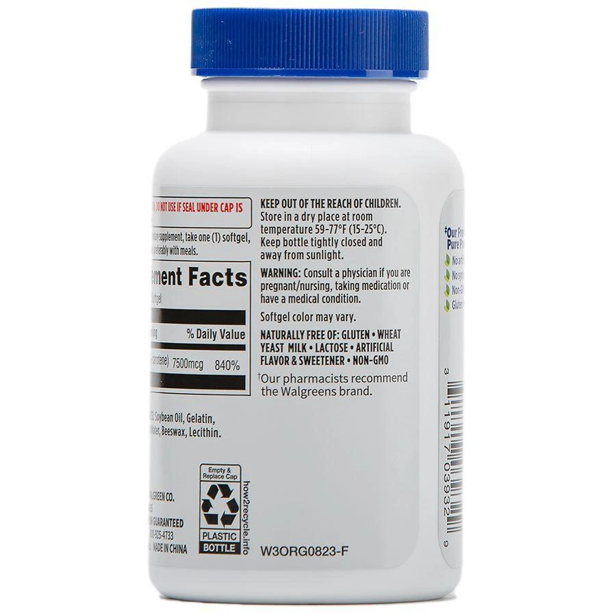 商品Walgreens Free & Pure|Beta Carotene (Vitamin A) Supplement 7500 mcg Softgels (100 days),价格¥59,第2张图片详细描述