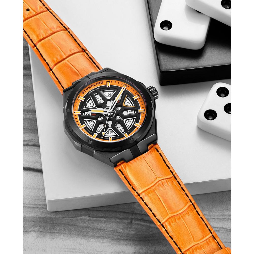 Men's Automatic Orange Alligator Embossed Genuine Leather Strap with Black Stitching Watch 44mm商品第8张图片规格展示