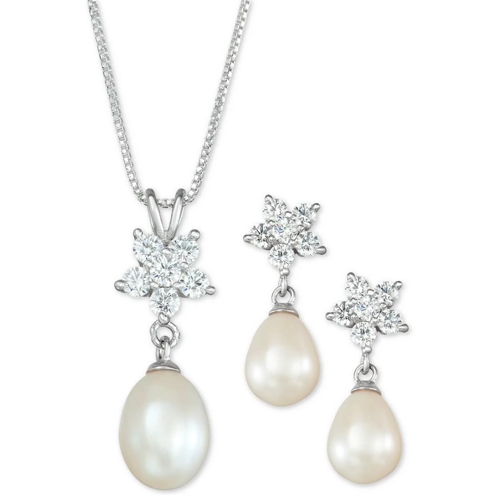 商品Macy's|Cultured Freshwater Pearl (7 x 9mm) & Cubic Zirconia Pendant Necklace & Drop Earrings Set in Sterling Silver, Created for Macy's,价格¥471,第1张图片