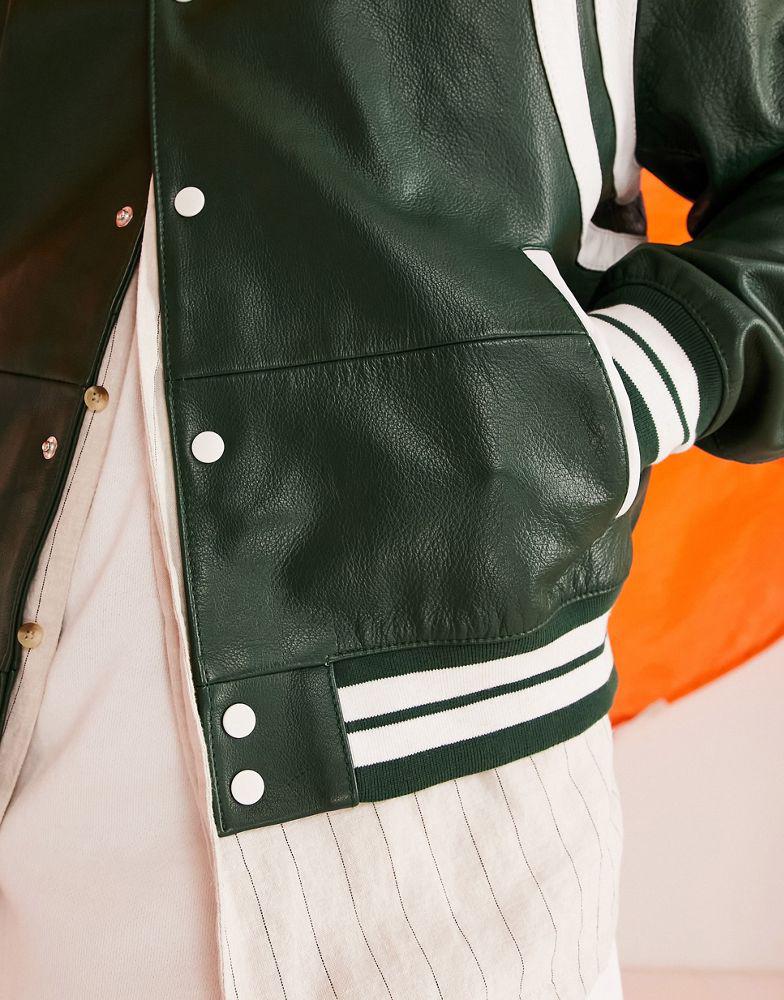 ASOS DESIGN leather varsity bomber jacket in green商品第3张图片规格展示
