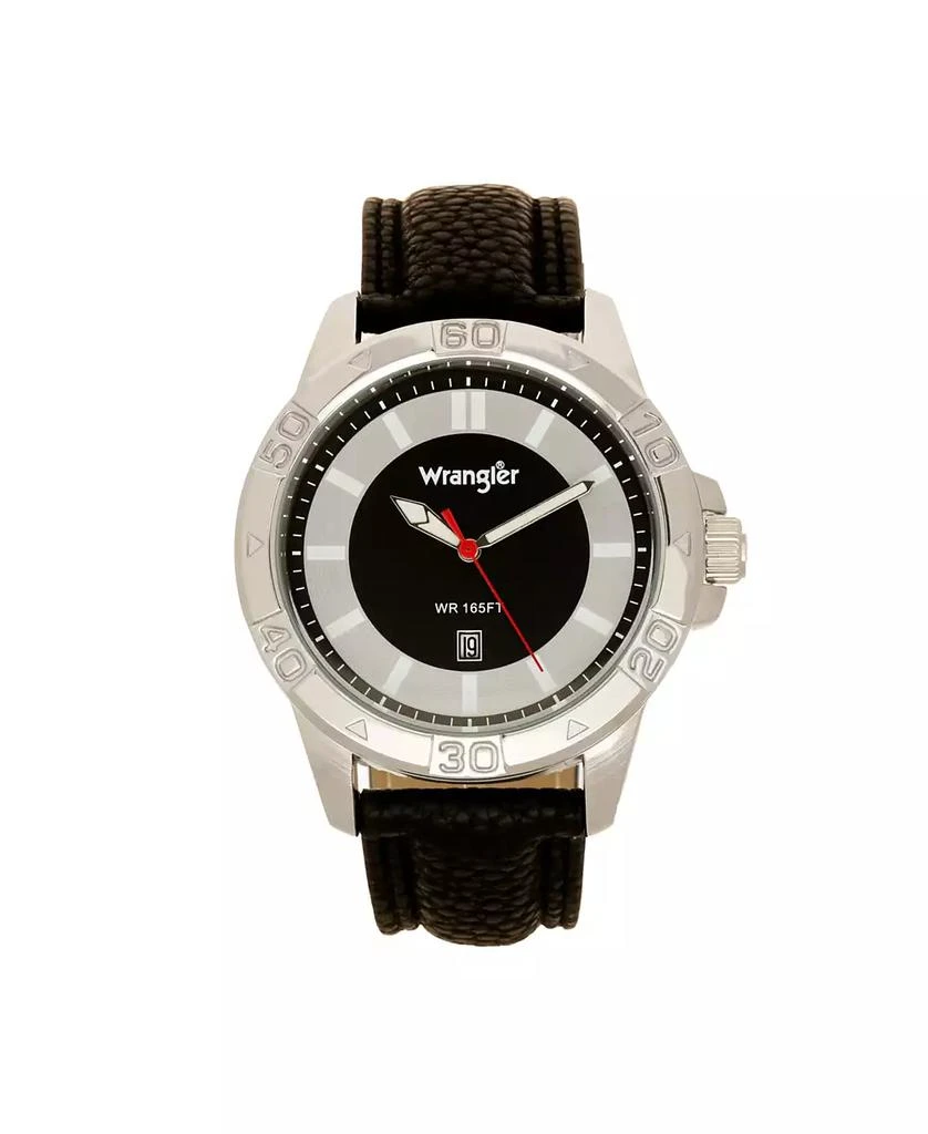 商品Wrangler|Men's Watch, 46MM Silver Colored Case with Embossed Arabic Numerals on Bezel, Black Sunray Dial, with Silver Index Markers, Analog Watch with Black Strap,价格¥425,第1张图片