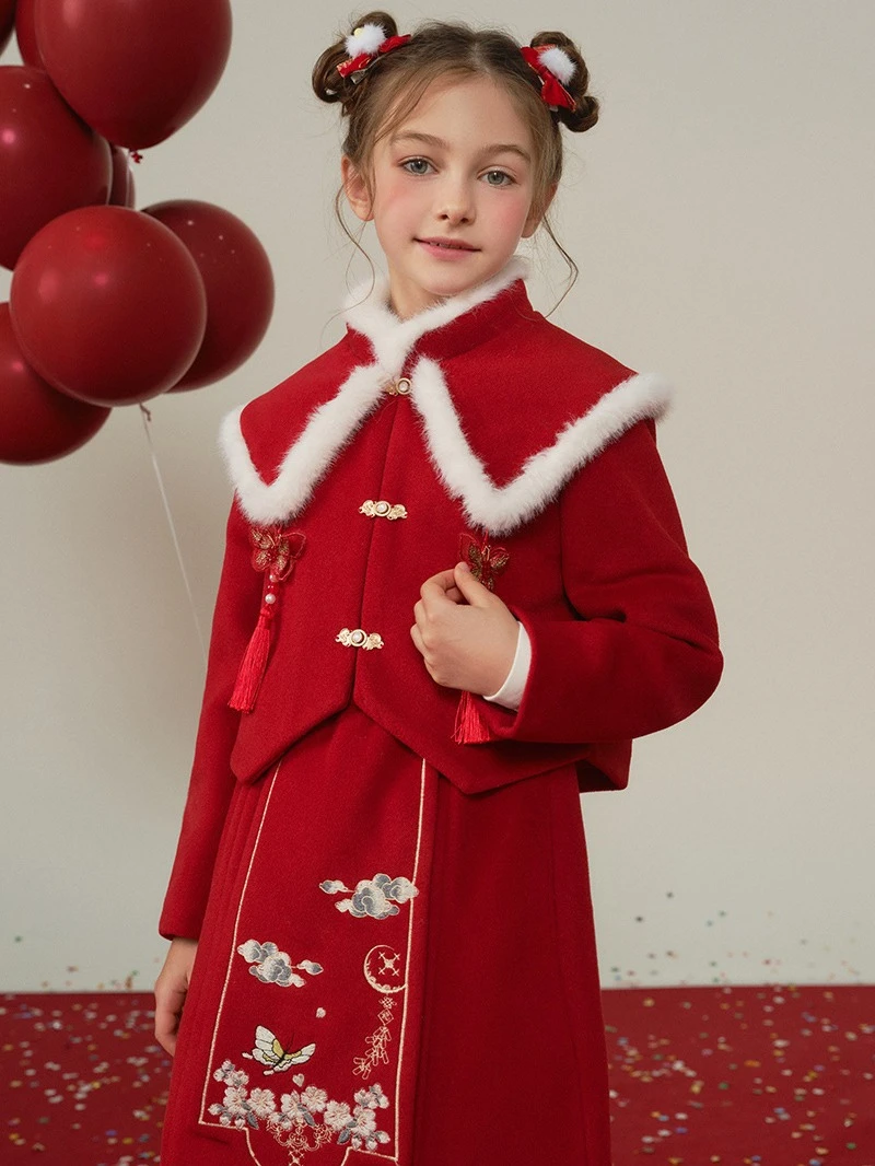 格岚云顿英国品牌高端系列女童冬季拜年服儿童过新年喜庆衣服女孩红色洋气套装中国风两件套 商品