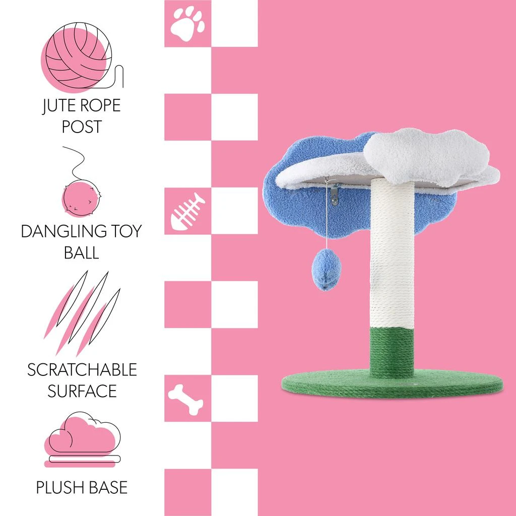 Sami 21.5" Modern Jute Cloud Cat Tree with Scratching Post, and Fuzzy Toy, White/Blue/Green 商品