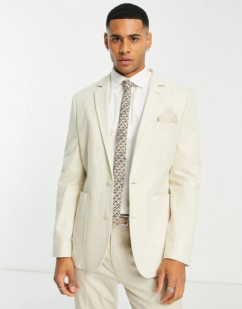 商品ASOS|ASOS DESIGN skinny blazer in ecru cotton herringbone,价格¥424,第1张图片