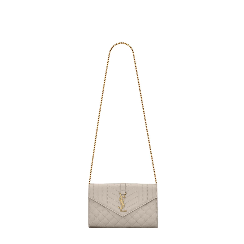 商品Yves Saint Laurent|SAINT LAURENT PARIS/圣罗兰MONOGRAM系列 白色粒面压花绗缝混合皮革交织字母链条钱包,价格¥11929,第1张图片