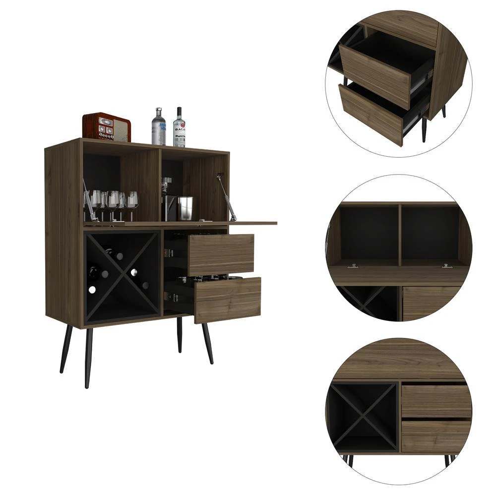 商品Depot E-Shop|DEPOT E-SHOP Thistle Bar-Two Drawers, Four Double Racks, One Cabinet-Mahogany/Black, For Living Room,价格¥2393,第2张图片详细描述