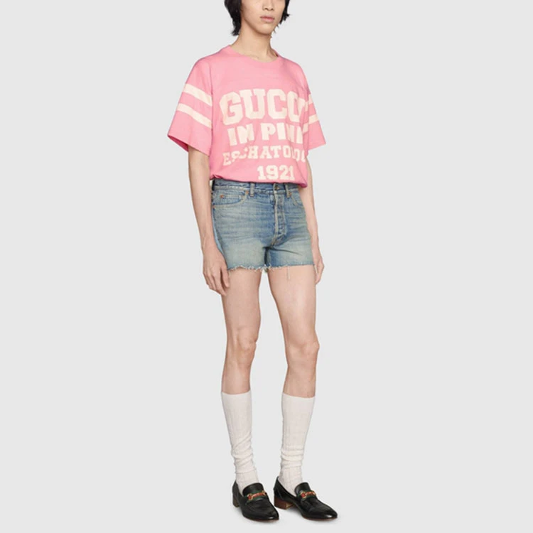 商品[国内直发] Gucci|古驰  圆领印花短袖  插肩袖T恤 男女同款 粉色,价格¥2229,第6张图片详细描述