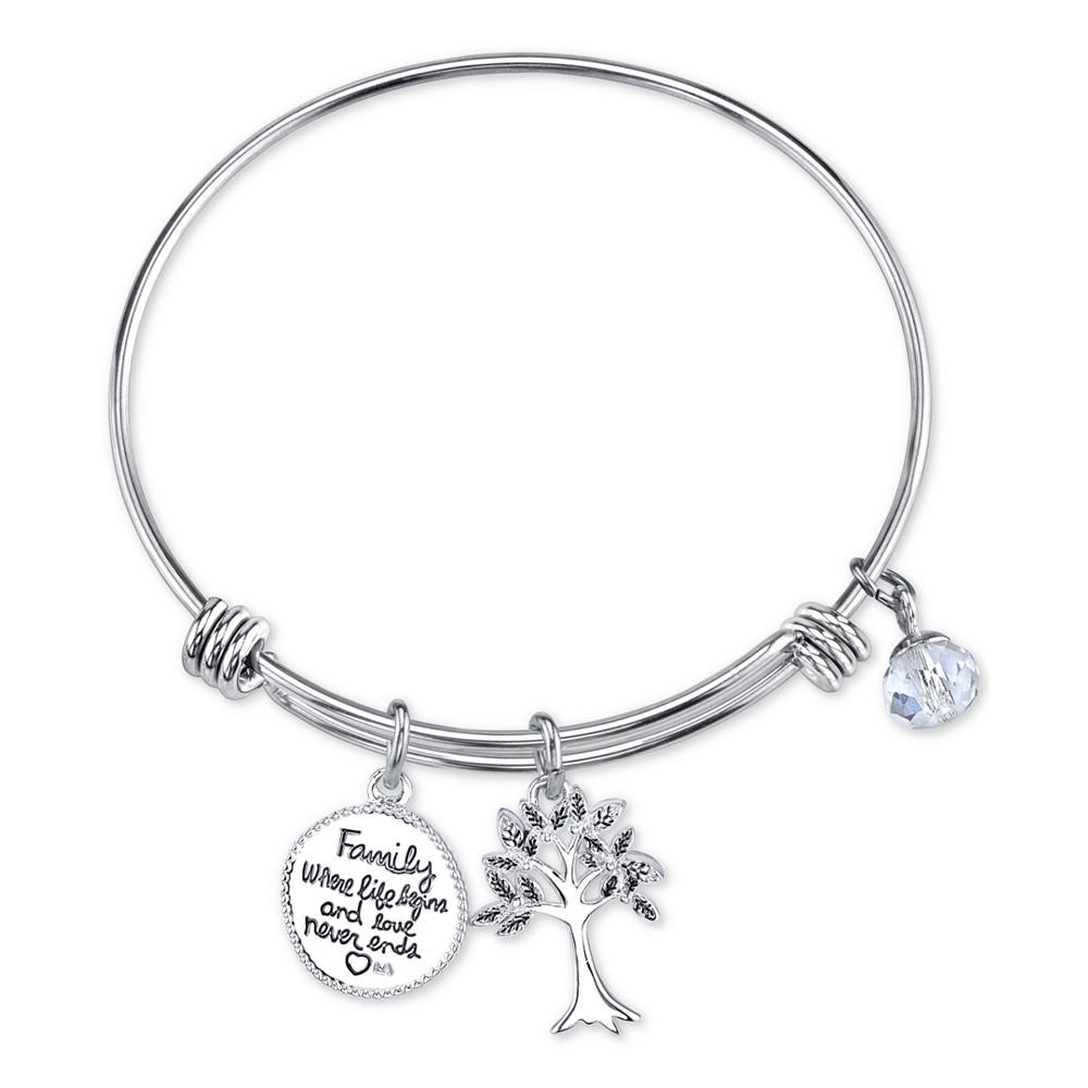 Two-Tone Family Tree Message Charm Bangle Bracelet in Stainless Steel with Silver Plated Charms商品第2张图片规格展示