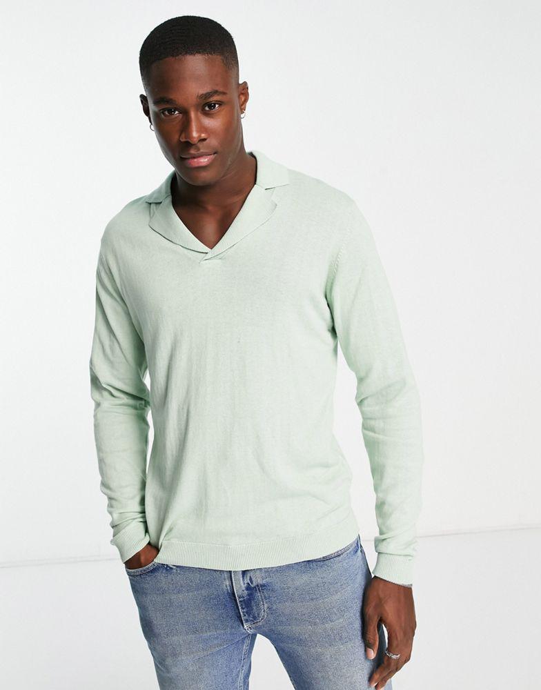 ASOS DESIGN knitted cotton revere polo jumper in mint green商品第1张图片规格展示