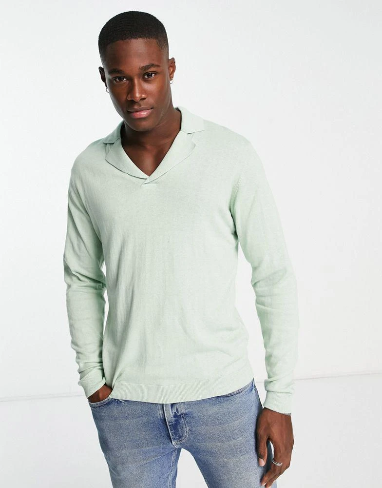 商品ASOS|ASOS DESIGN knitted cotton revere polo jumper in mint green,价格¥89,第1张图片