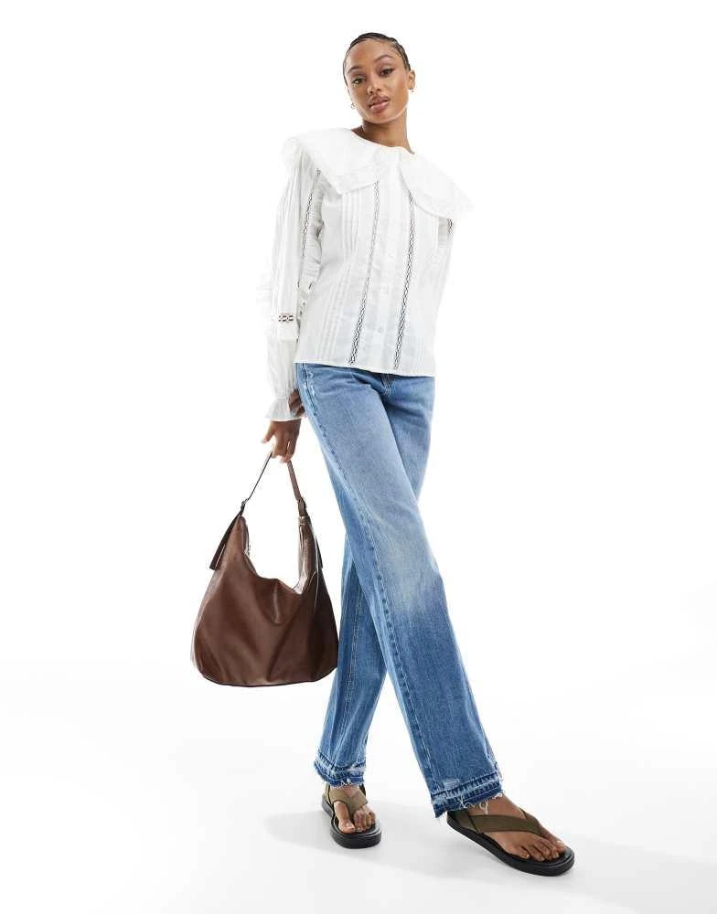商品ASOS|ASOS DESIGN tall  lace and broderie insert shirt with large collar in ivory,价格¥219,第4张图片详细描述