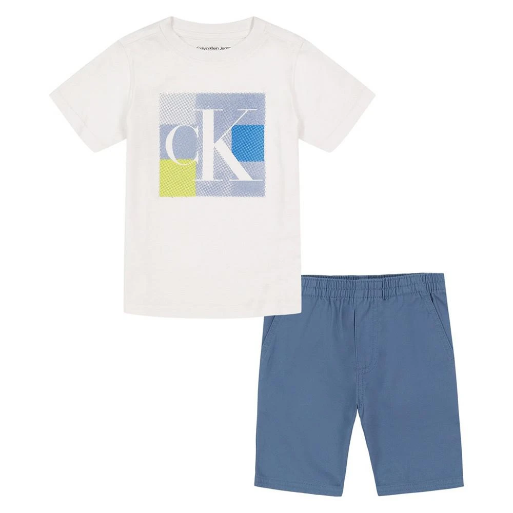 商品Calvin Klein|Little Boys Metallic Monogram Short Sleeve T-shirt and Twill Shorts, 2 Piece Set,价格¥125,第1张图片