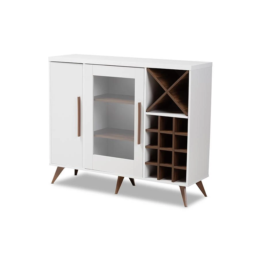 商品Baxton Studio|Pietro Mid-Century Modern White and Brown Finished Wine Cabinet,价格¥1920,第1张图片
