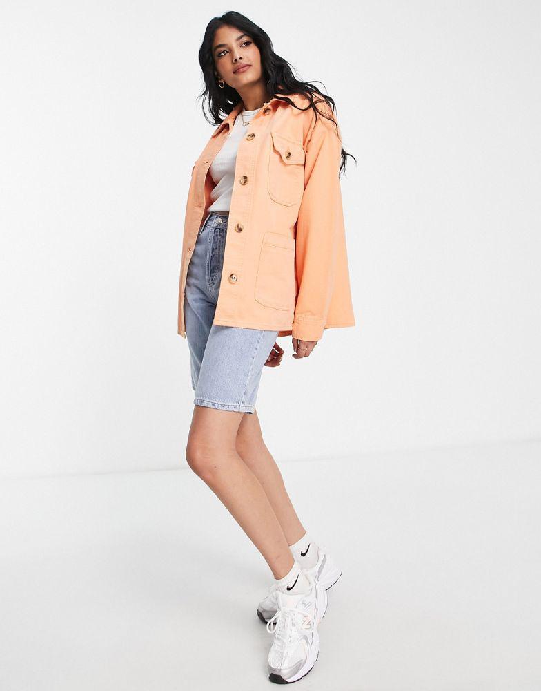Topshop oversized long sleeve shirt jacket with branded woven label in orange商品第3张图片规格展示