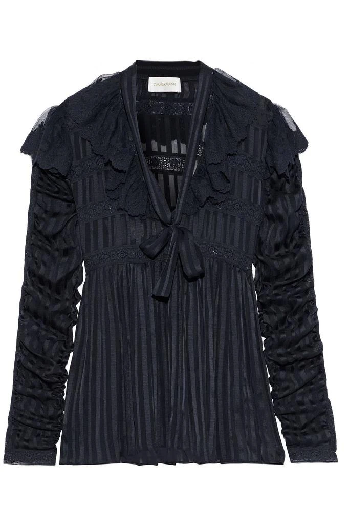 商品Zimmermann|Tempest ruffled lace-trimmed striped silk-georgette blouse,价格¥976,第1张图片