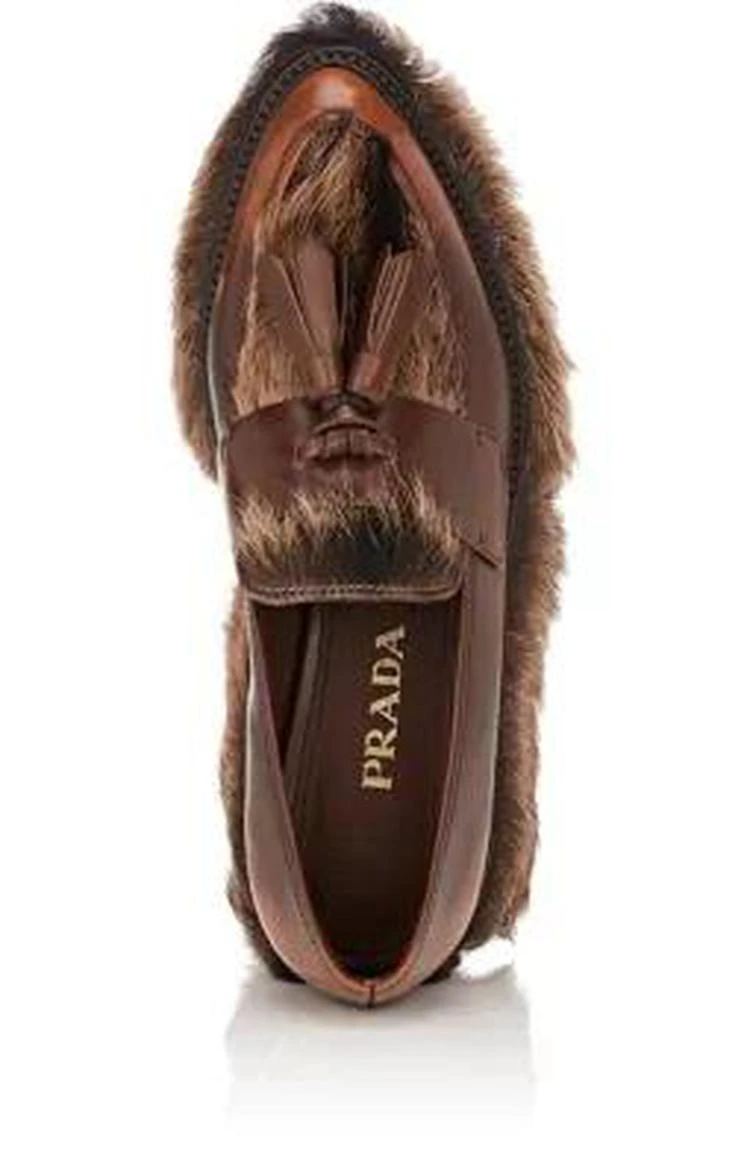 商品Prada|Fur-Trimmed Leather Platform Loafers,价格¥3562,第4张图片详细描述