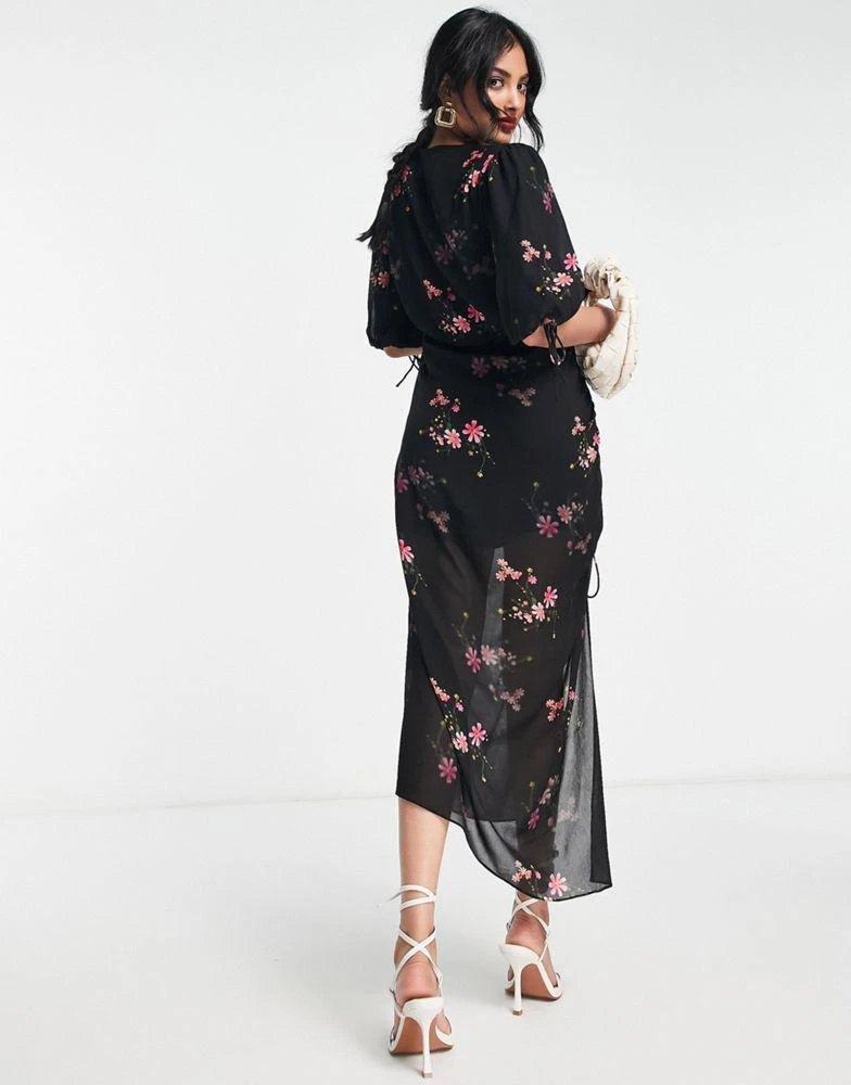 商品ALL SAINTS|AllSaints Safiya rouched split midi dress in black floral,价格¥579,第4张图片详细描述