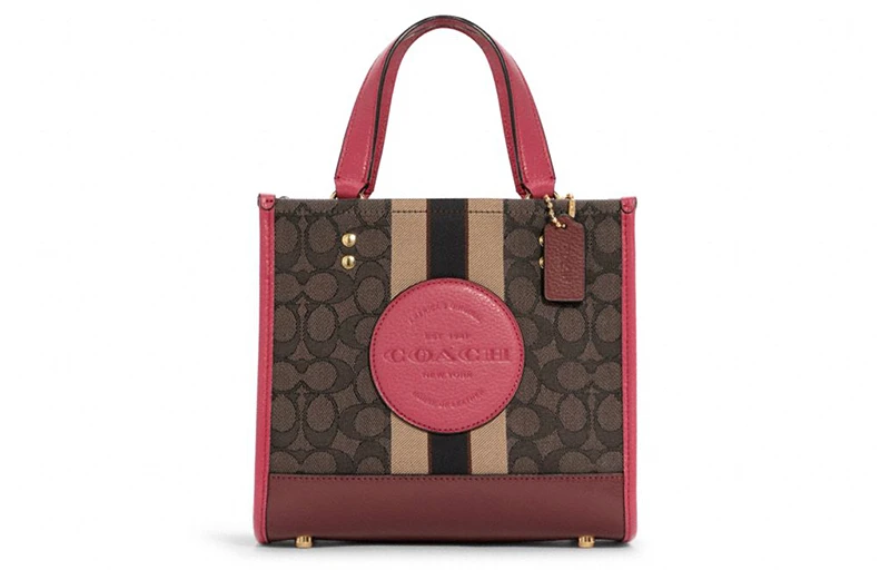 商品[国内直发] Coach|蔻驰 Dempsey 22 经典老花 帆布配皮 帆布包托特包Tote包购物袋斜挎手提包 小号 女款 深棕拼红色,价格¥2085,第1张图片
