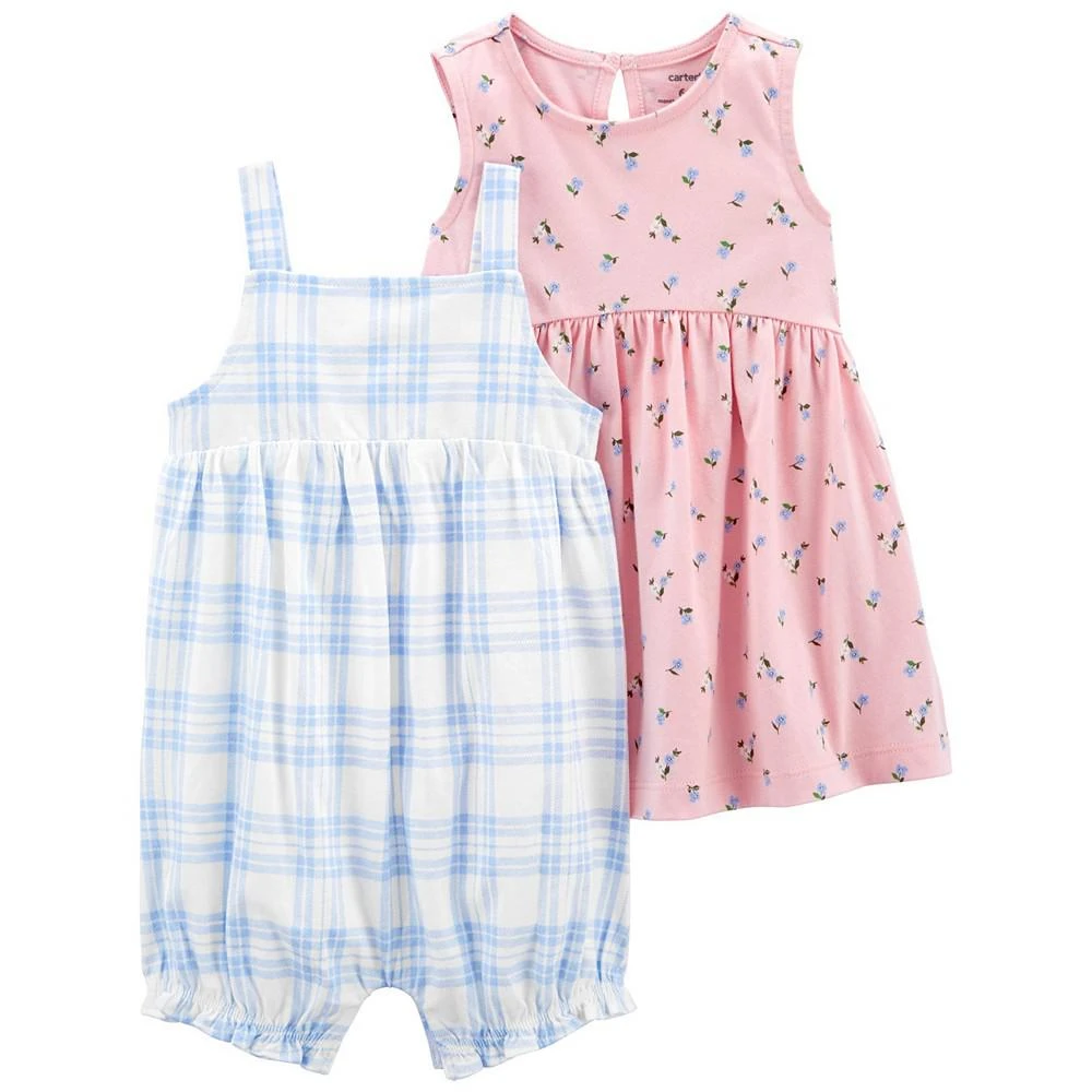 商品Carter's|Baby Girls Plaid Romper and Floral Dress, Pack of 2,价格¥128,第1张图片