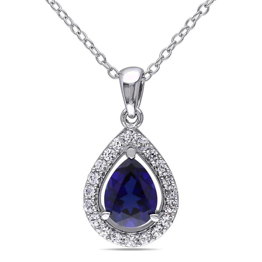 商品Amour|Created Blue and Created White Sapphire Teardrop Halo Pendant with Chain In Sterling Silver,价格¥349,第1张图片