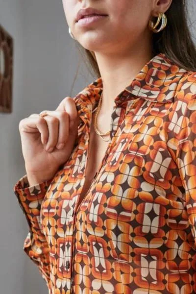 UO Sharon 70s Geo Button-Through Mesh Shirt Dress 商品