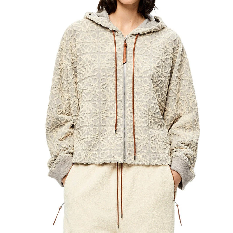 商品Loewe|【预售3-7天】LOEWE/罗意威 22年春夏新款 女士灰色/淡褐色纯棉抓绒面料老花图案拉链连帽衫卫衣外套S359Y25X06-1692,价格¥14012,第1张图片