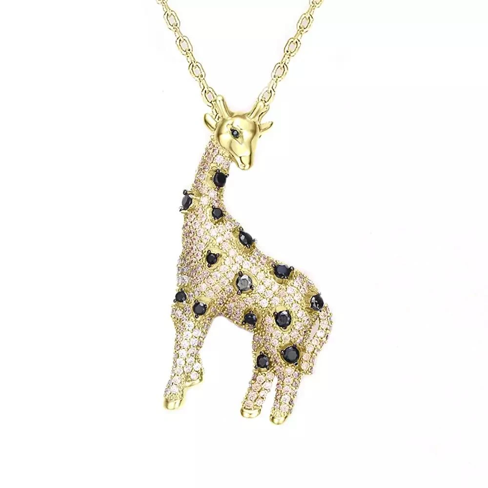 商品Genevive|14K Gold Plated with Champagne and Black Cubic Zirconia Iced Out Giraffe Pendant in Sterling Silver,价格¥551,第1张图片