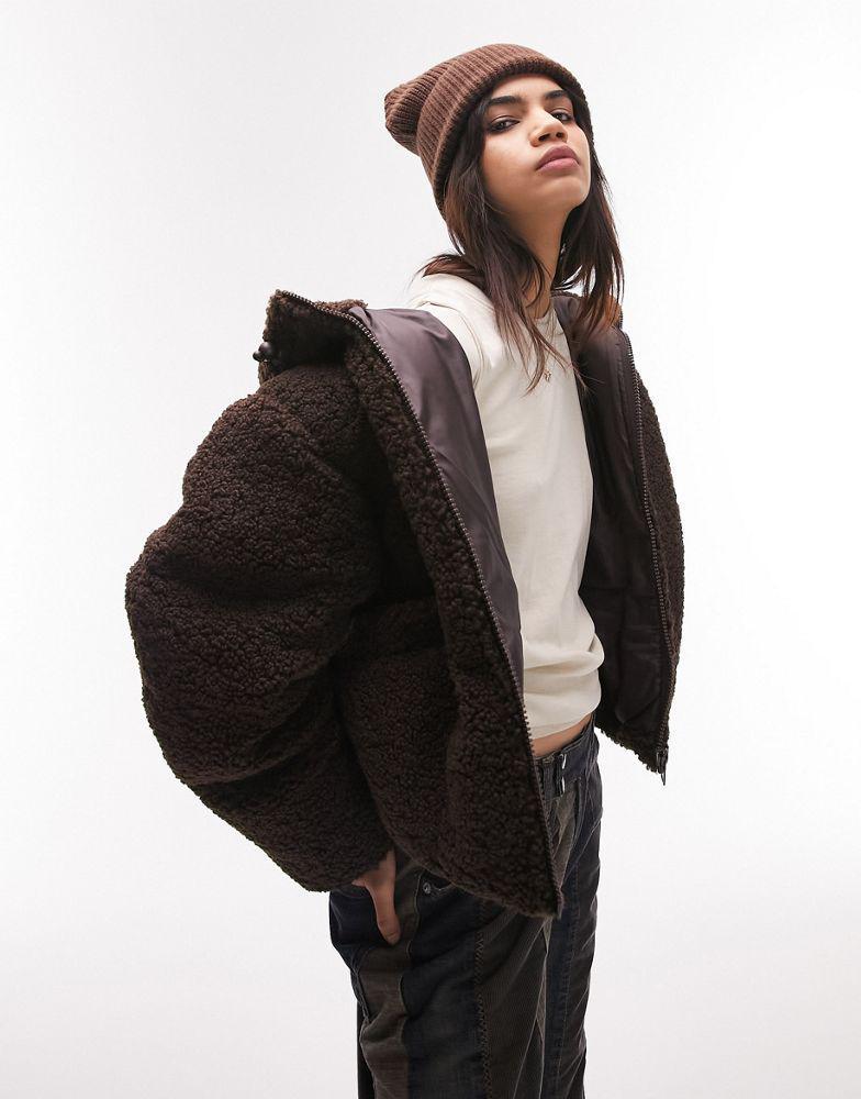 商品Topshop|Topshop borg hooded puffer jacket in chocolate,价格¥623,第6张图片详细描述