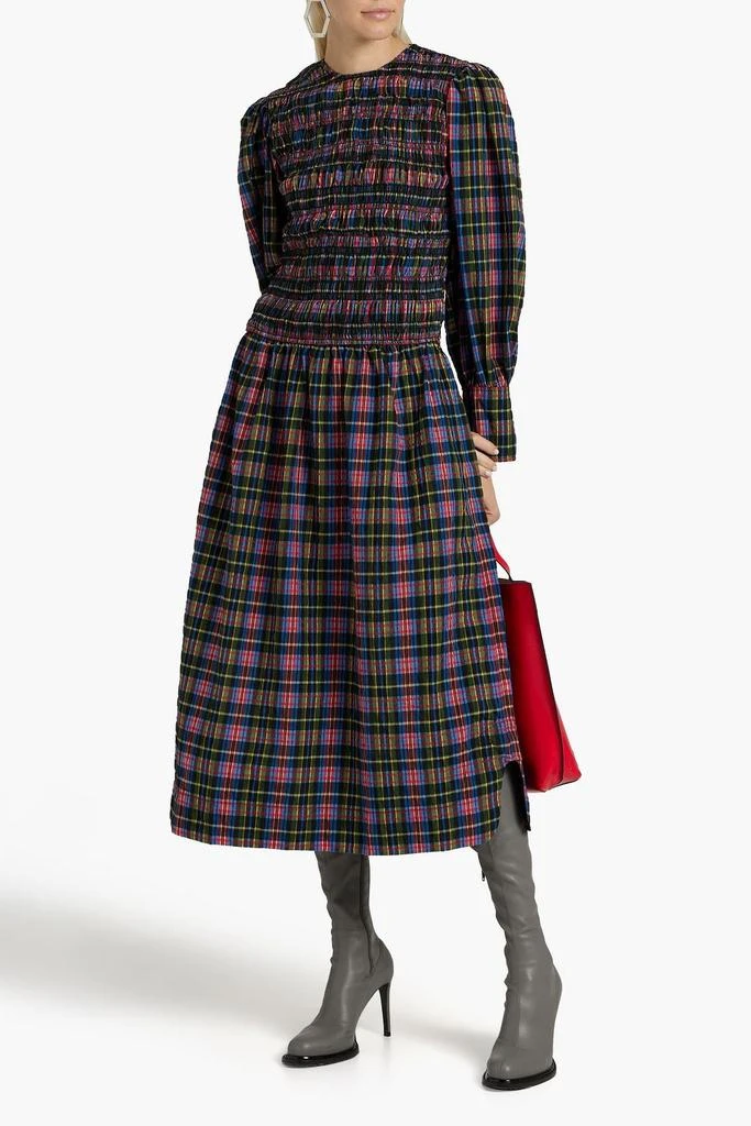 商品Ganni|Shirred checked cotton-blend seersucker midi dress,价格¥737,第2张图片详细描述