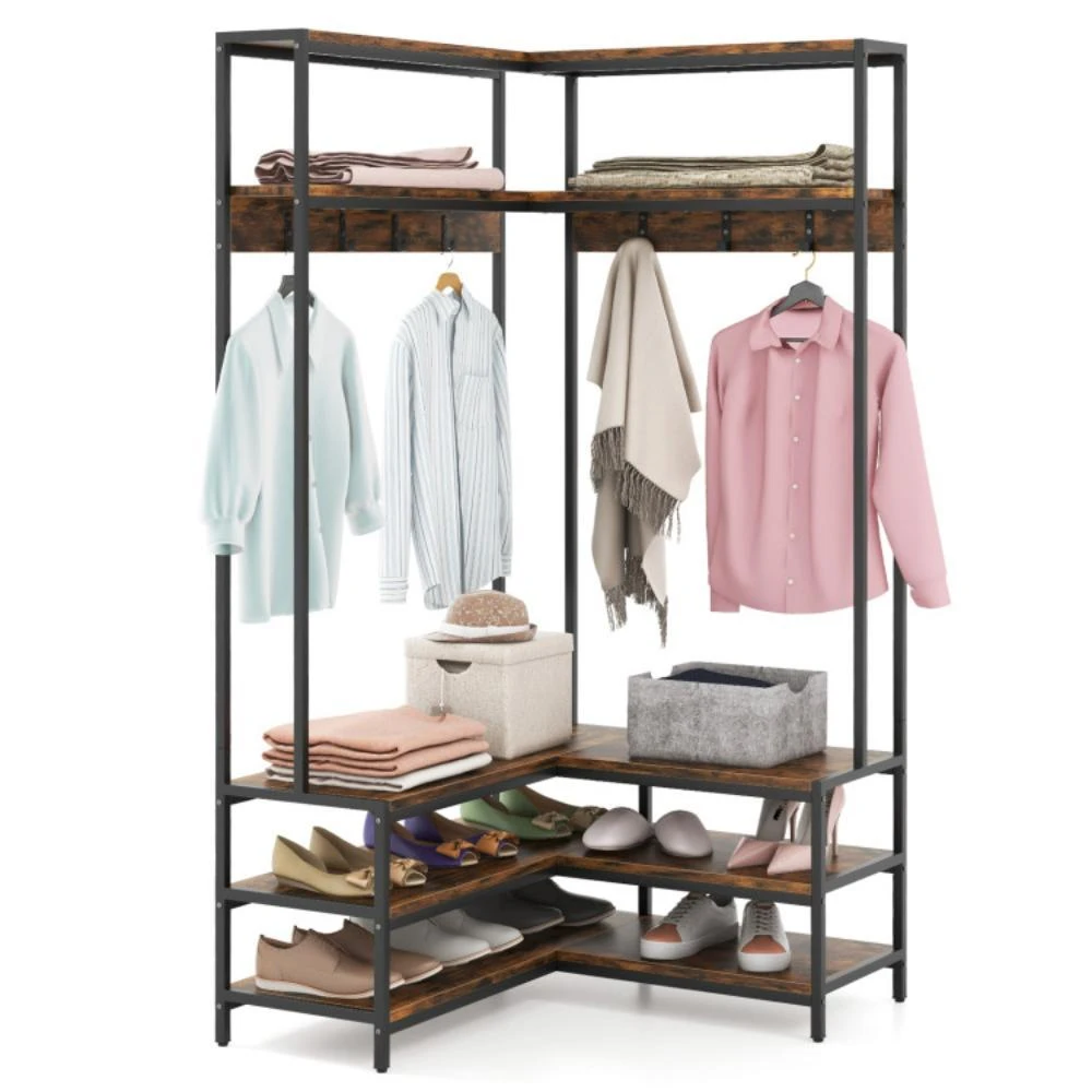 Corner Garment Rack with Open Shelves and 7 Hooks Shoe Bench-White 商品