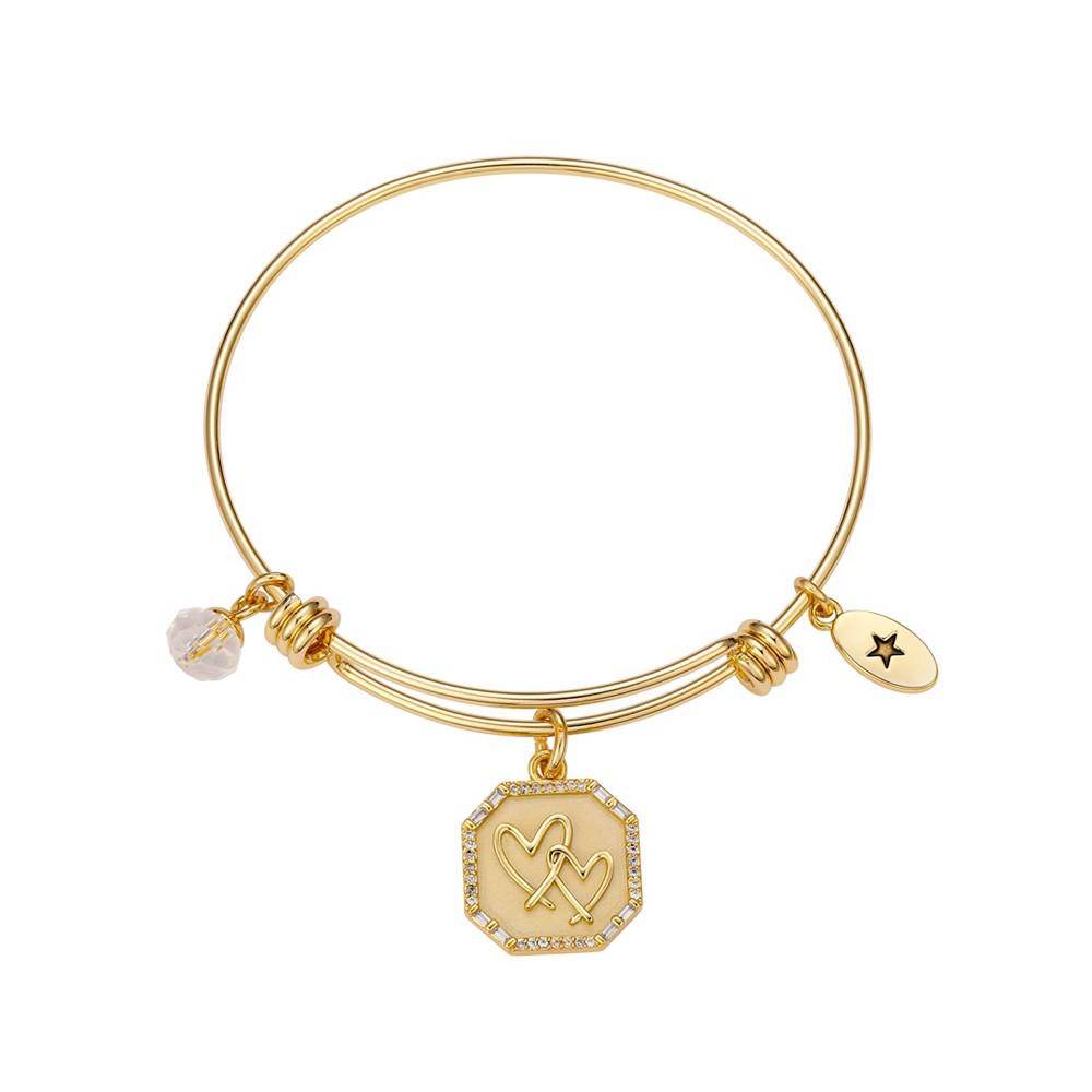 Stainless Steel Bangle with 14K Gold Flash-Plated Brass Cubic Zirconia Double Heart Charm商品第1张图片规格展示