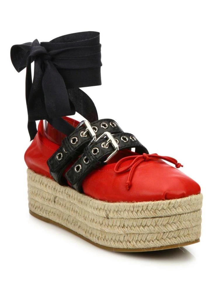 商品Miu Miu|Leather Lace-Up Platform Espadrille Ballet Flats,价格¥1527,第1张图片