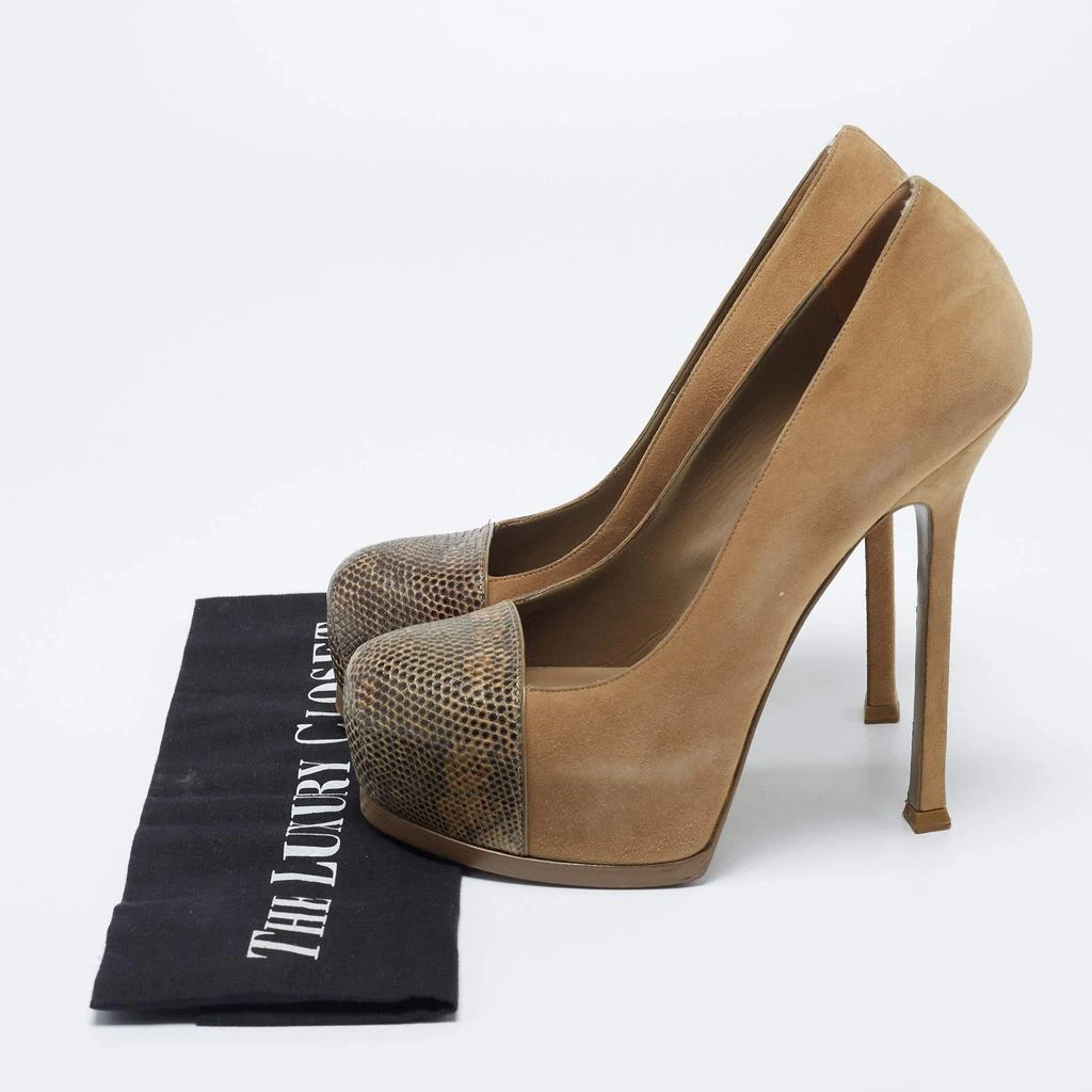 Saint Laurent Brown/Yellow Suede And Lizard Embossed Tribtoo  Pumps Size 38 商品