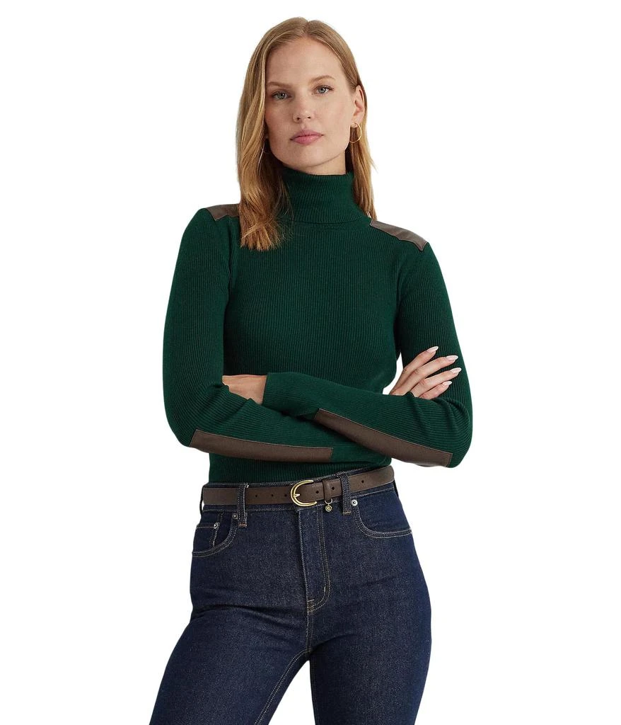 商品Ralph Lauren|Petite Faux Leather Trim Ribbed Turtleneck,价格¥473,第1张图片