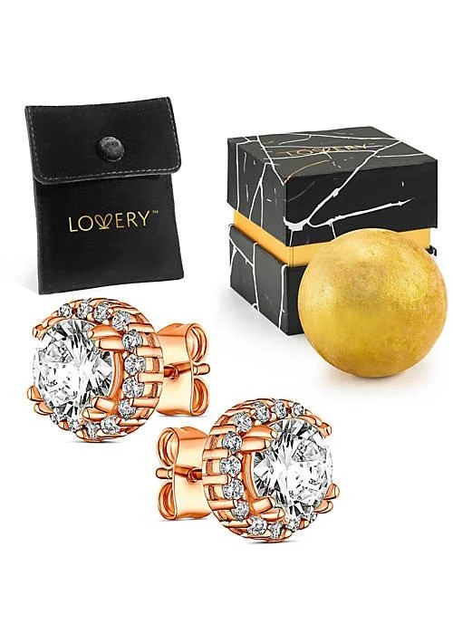 商品Lovery|14K Rose Gold Plated Halo Cz Stud Earring With Pouch Bath Bomb Gift Box,价格¥510,第1张图片