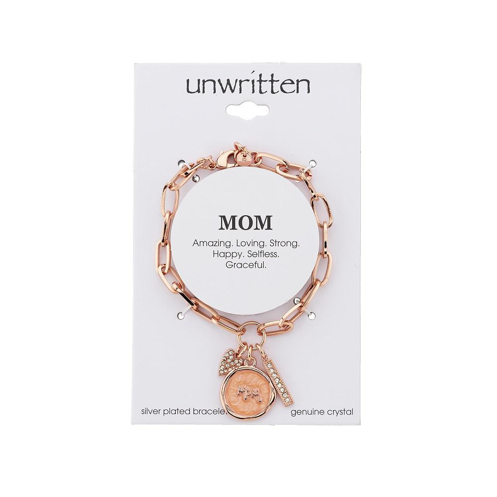 Rose Gold Tone Plated Silver "Mom" Crystal Heart Charm Link Bracelet商品第2张图片规格展示