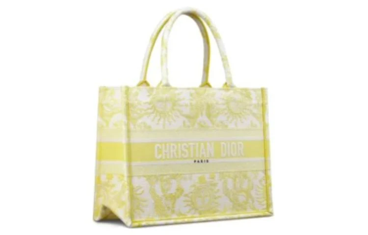 商品[国内直发] Dior|迪奥 品牌徽标大容量 刺绣 托特包Tote包购物袋手提包 中号 女款 黄色,价格¥19430,第3张图片详细描述