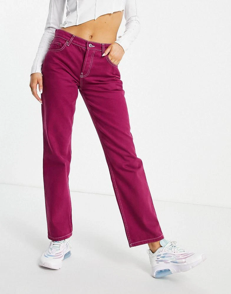 商品ASOS|ASOS DESIGN low rise straight leg jean in maroon with contrast thread,价格¥136,第1张图片