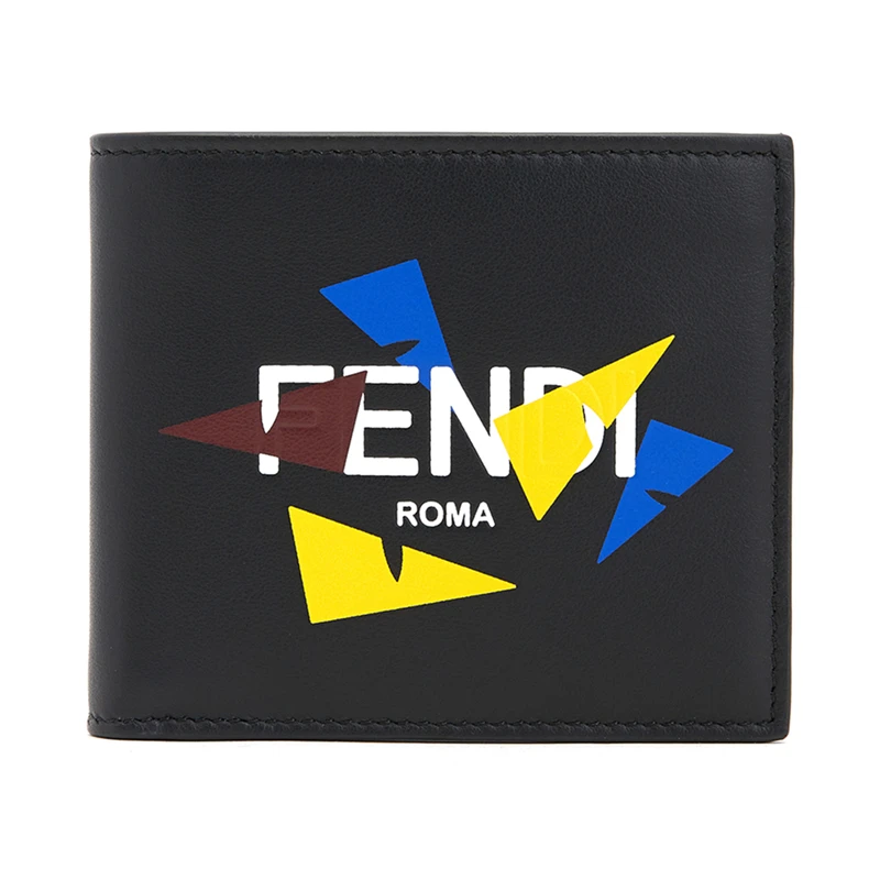 商品Fendi|FENDI 男士黑色皮革彩色印花字LOGO短款折叠钱夹 7M0169-AC9I-F0X93,价格¥2456,第1张图片