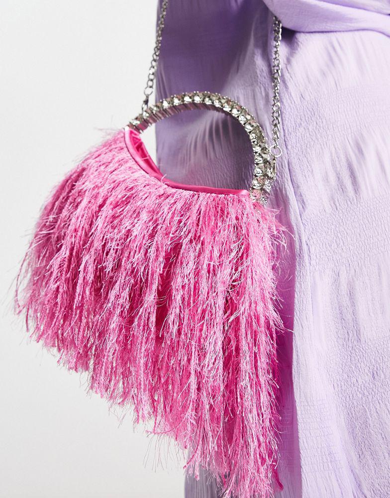 ASOS DESIGN clutch bag in feather with diamante top handle in pink with detachable cross body strap商品第3张图片规格展示