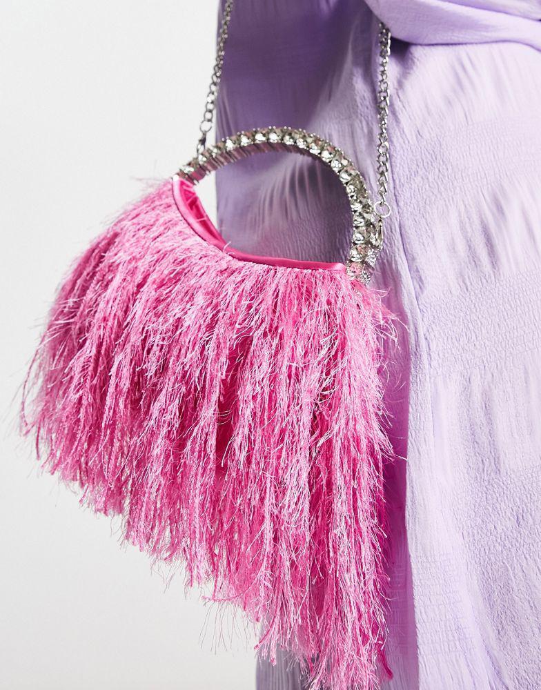 商品ASOS|ASOS DESIGN clutch bag in feather with diamante top handle in pink with detachable cross body strap,价格¥314,第5张图片详细描述