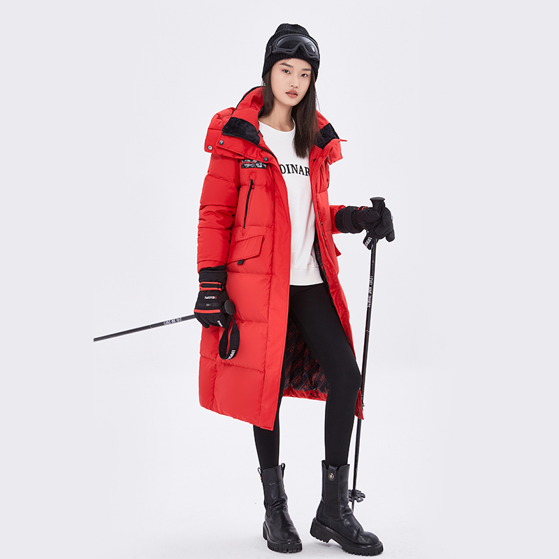 Hslove's冬季长款过膝连帽羽绒服女-红色商品第1张图片规格展示
