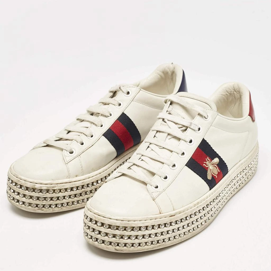 商品[二手商品] Gucci|Gucci White Leather Embroidered Bee Crystal Embellished Platform New Ace Sneakers Size 39.5,价格¥3840,第2张图片详细描述