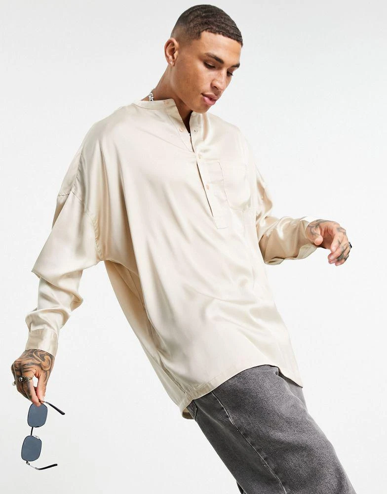 商品ASOS|ASOS DESIGN oversized overhead satin shirt with grandad collar in champagne,价格¥160,第1张图片