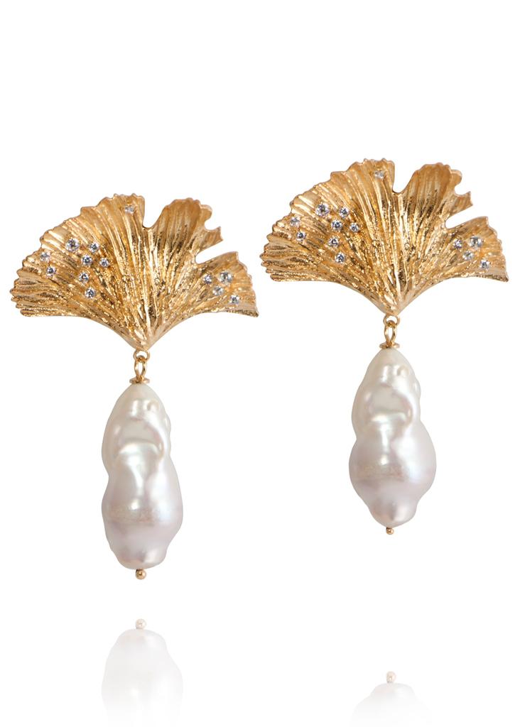 24k vermeil ginkgo leaf & baroque pearl earrings商品第1张图片规格展示