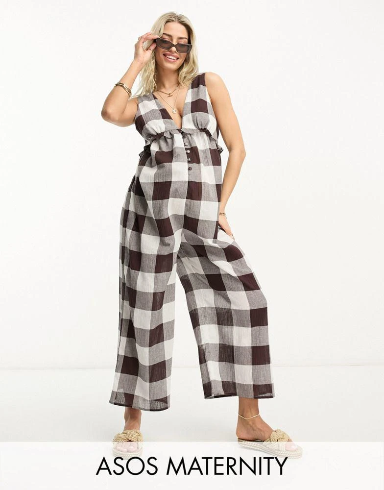 商品ASOS|ASOS DESIGN Maternity tiered crinkle frill jumpsuit in brown gingham,价格¥283,第1张图片