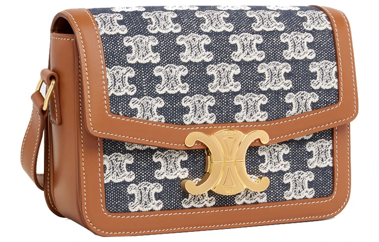 商品[国内直发] Celine|赛琳 Triomphe凯旋门 Teen金色锁扣 刺绣织物拼牛皮革 腋下包手提单肩斜挎包 女款 海军蓝色/黄褐色,价格¥13353,第3张图片详细描述