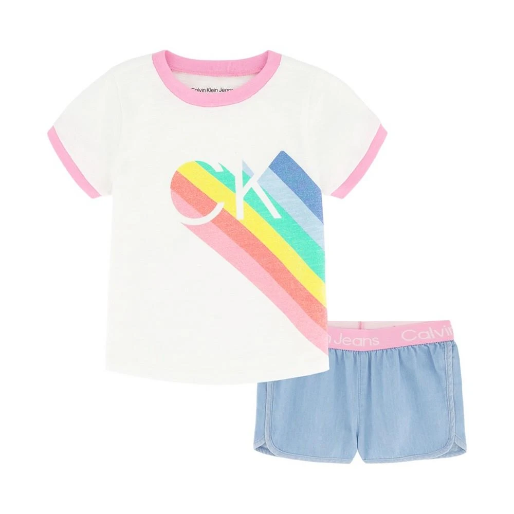 商品Calvin Klein|Little Girls Rainbow T-shirt and Logo-Waist Denim Shorts, 2-Piece Set,价格¥164,第1张图片