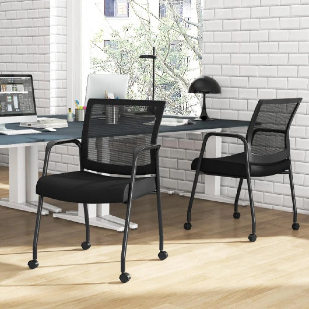 商品Hivvago|2 Pieces Office Guest Chairs on Wheels with Metal Frame and Armrests-Black,价格¥1273,第1张图片