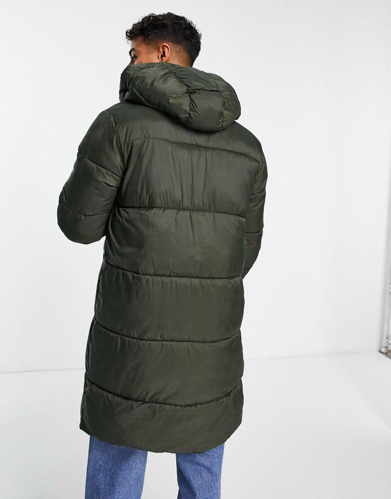 商品Jack & Jones|Jack & Jones Essentials longline puffer coat with hood in khaki with double zip,价格¥607,第5张图片详细描述